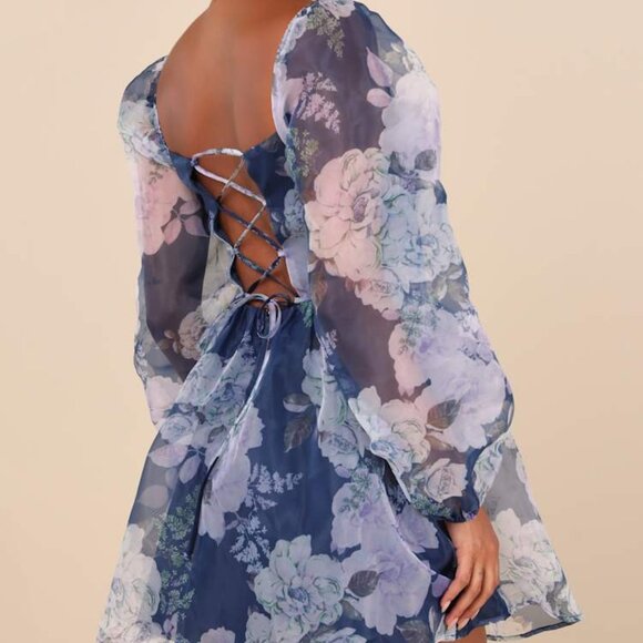 Lulus Positively Enchanting Blue Floral Organza Bustier Mini Dress - Size L - Picture 2 of 8